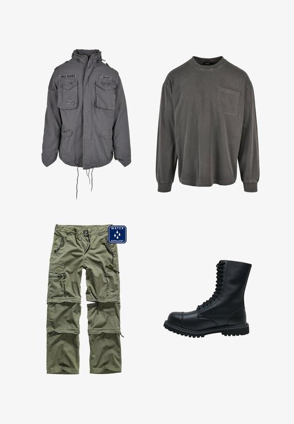 Militärstil graue Jacke mit hohem Kragen, mehreren Fronttaschen, verstellbarem Kordelzugsaum und gestickten Textdetails.; Langärmliges, dunkelgraues Baumwoll-T-Shirt mit rundem Halsausschnitt und Brusttasche. Verfügt über gerippte Ärmelbündchen und eine lockere Passform.; Grüne, wasserabweisende Cargo-Hosen mit mehreren Reißverschlusstaschen, verstellbaren Bündchen und einem strapazierfähigen Stoff. Mit einem Logo-Patch auf der Vorderseite.; Schwarze Leder Schnürstiefel mit runder Zehenkappe, hohem Schaft, dicker Gummisohle und texturierter Oberfläche. Enthält verstärkte Nähte entlang der Nähte.