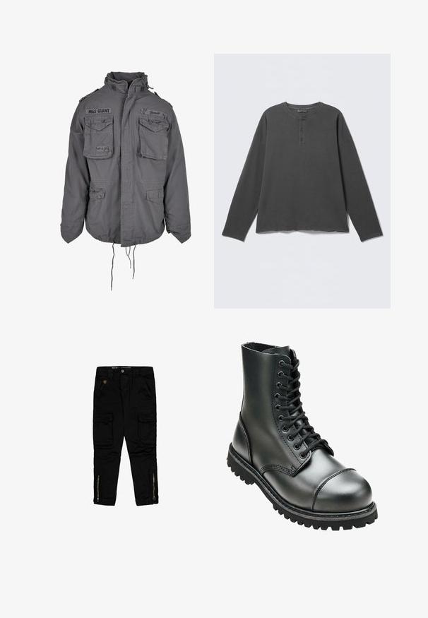 Militaire stijl grijze jas met een hoge kraag, meerdere voorzakken, verstelbare koord onderrand en geborduurde tekstdetails.; Donkergrijs henley-shirt met lange mouwen, een ronde halslijn en drie knopen op de voorklep.; Zwarte cargo broeken van katoen, met zijzakken, ritsaccenten bij de enkels en een regular-fit ontwerp.; Zwarte leren combatboot met hoge enkel, ronde neus, vetersluiting aan de voorkant, en robuuste rubberen zool met diepe profiel voor grip.