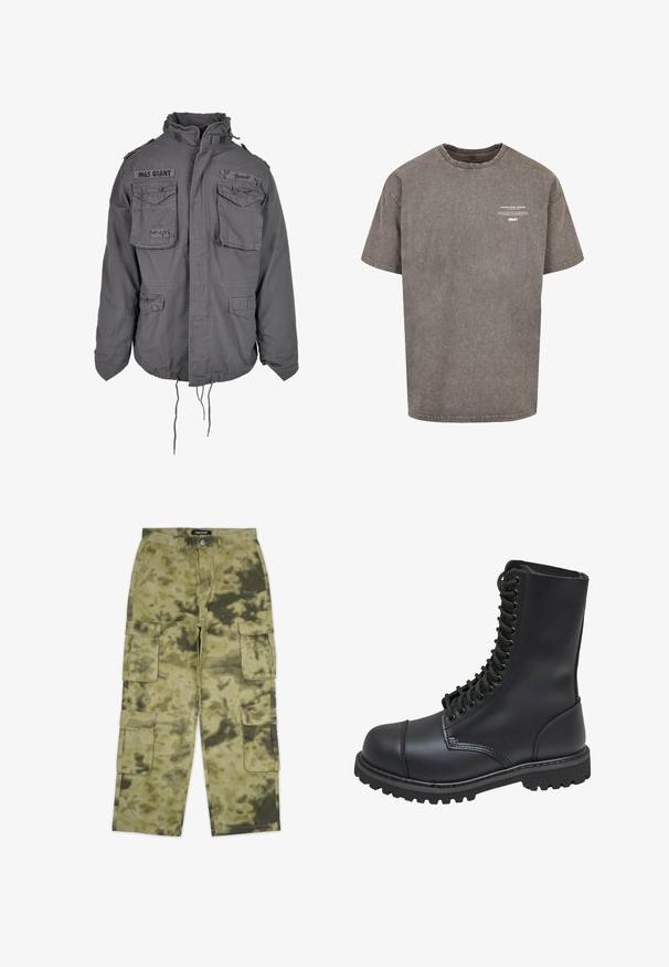 Militærstil grå jakke med høj krave, flere frontlommer, justerbar snor i kanten og broderede tekstdetaljer.; Grå oversized bomulds T-shirt med rund halsudskæring, korte ærmer, slidte tekstur og hvid trykt tekst på forsiden.; Kamptanter i camouflage mønster, med flere sidelommer, lavet af slidstærkt stof, i nuancer af grøn og brun.; Sort læder kampstøvle med høj skaft, snørebånd foran, polstret krave og en robust tekstureret sål for godt greb. Har forstærket tåhætte.