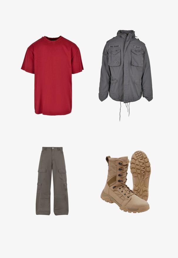 Veste grise de style militaire avec un grand col, plusieurs poches avant, un ourlet à cordon réglable et des détails de texte brodés.; T-shirt en coton rouge avec une coupe décontractée, des manches courtes, un col rond et des accents usés près des épaules. Pas de logos visibles.; Pantalons cargo en coton gris foncé avec des jambes larges, plusieurs poches latérales et des détails de couture. Comprend une fermeture par bouton à l'avant.; Botte tactique beige avec un lacet montant à la cheville et une semelle en caoutchouc robuste, une botte debout et une montrant le motif de la semelle.