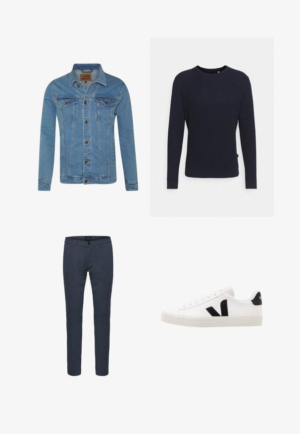 Lichtblauwe denimjas met een kraag, twee borstzakken, knoopsluitingen en contrasterende stikdetails.; Marineblauwe gebreide trui met een textuurpatroon, ronde halslijn en lange mouwen. Beschikt over geribbelde manchetten en een zoom voor een aansluitende silhouette.; Donkerblauwe op maat gemaakte broek van stof, met een knoopsluiting, voorzakken en een slanke pasvorm. Glad materiaal met een subtiele glans.; Witte leren sneaker met zwarte suède accenten; voorzien van een rubberen zool, ronde neus en een klassieke vetersluiting. Zijkant met logo in het zwart.