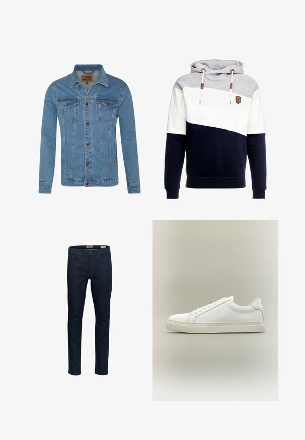 Hellblaue Denimjacke mit Kragen, zwei Brusttaschen, Knopfverschluss und kontrastierenden Nähten.; Kapuzensweatshirt in Grau, Weiß und Marineblau. Verfügt über ein diagonales Farbschema, ist aus Baumwollmaterial gefertigt und hat ein lederähnliches Emblem auf der Brust.; Dunkelblaue Jeans aus Denim im Slim-Fit-Schnitt, mit fünf Taschen und einem Knopfverschluss vorne. Merkmale sind feine Nähte und eine glatte Textur.; Weißer Sneaker mit niedrigem Schaft, vorn mit Schnürung und dicker Sohle, aus der Seitenansicht vor neutralem Hintergrund.