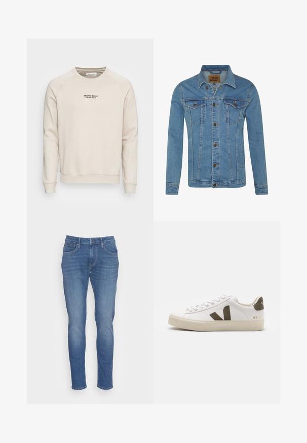 Lyseblå denimjakke med krave, to brystlommer, knaplukninger og kontrastsyninger.; Cremefarvet sweatshirt med raglanærmer, ribbede manchetter og kant. Har et sort tekstlogo på fronten. Blødt, tekstureret stof.; Blå denimjeans med slim fit, udstyret med lukning foran med knap og lynlås, fem lommer og subtile falmninger over hele stoffet.; Hvide læder sneakers med en lys beige gummisål. Har en brun ruskinds V-logo og hælflap. Snørret lukning med en struktureret overflade.