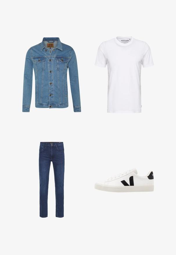 Chaqueta de mezclilla azul claro con cuello, dos bolsillos en el pecho, cierre de botones y detalles de costura en contraste.; Camiseta de manga corta blanca, hecha de algodón, con cuello redondo y un diseño sencillo. Etiqueta de la marca visible en la zona del cuello. Sin patrones ni detalles.; Vaqueros de mezclilla azul oscuro con un diseño de pierna recta, cinco pockets y un clásico cierre de botón. Textura suave con detalles de desvanecimiento sutil.; Zapatilla de cuero blanca con acentos de ante negro; presenta una suela de goma, puntera redonda y un diseño clásico de cordones. Logo lateral en negro.