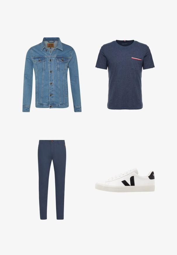 Chaqueta de mezclilla azul claro con cuello, dos bolsillos en el pecho, cierre de botones y detalles de costura en contraste.; Camiseta de algodón azul marino con escote redondo y mangas cortas. Cuenta con un bolsillo en el pecho con detalles de rayas en rojo, blanco y negro.; Pantalones de algodón azul marino con corte slim, con un botón marrón, bolsillos frontales y costuras simples. Textura suave, sin patrones visibles.; Zapatilla de cuero blanca con acentos de ante negro; presenta una suela de goma, puntera redonda y un diseño clásico de cordones. Logo lateral en negro.