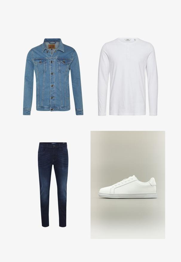 Chaqueta de mezclilla azul claro con cuello, dos bolsillos en el pecho, cierre de botones y detalles de costura en contraste.; Camisa de algodón blanca de manga larga con cuello redondo, tapeta de cinco botones y una textura suave. Diseño simple y clásico.; Jeans de mezclilla azul oscuro con un corte slim, diseño de cinco bolsillos, sutil desgaste en la tela, cierre de botón y etiqueta con el logo en la parte trasera de la cinturilla.; Zapatilla blanca de caña baja con cordones al frente y suela de goma texturizada sobre un fondo neutro y sencillo.