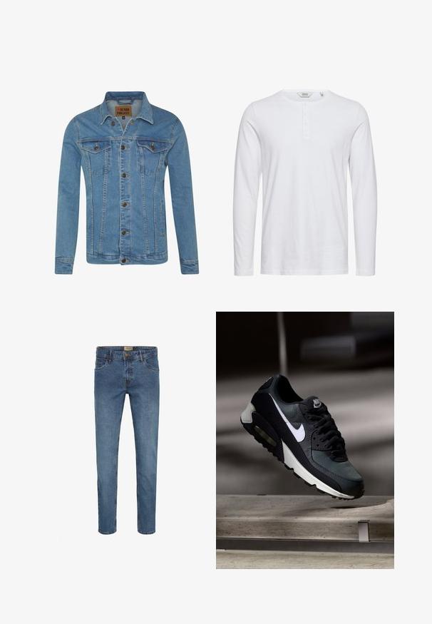 Hellblaue Denimjacke mit Kragen, zwei Brusttaschen, Knopfverschluss und kontrastierenden Nähten.; Langärmliges weißes Baumwollhemd mit rundem Ausschnitt, fünf Knöpfen und einer glatten Textur. Einfaches und klassisches Design.; Blaue Jeans aus Denim mit schlankem Schnitt, fünf Taschen, Knopf- und Reißverschluss sowie kontrastierenden Nähten. Glatte Textur mit einem verwaschenen Finish.; Schwarzer und grauer Nike Air Max Sneaker mit weißem Swoosh, schwebend über einer Betonfläche vor einem verschwommenen dunklen Hintergrund.