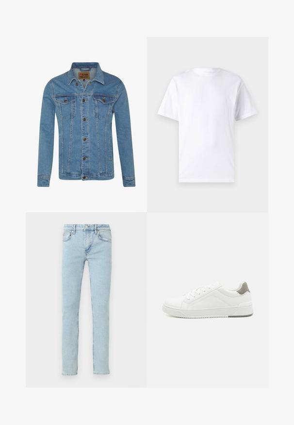 Lichtblauwe denimjas met een kraag, twee borstzakken, knoopsluitingen en contrasterende stikdetails.; Witte T-shirt met korte mouwen, gemaakt van katoen, met een ronde hals. Het heeft een gladde textuur en een eenvoudig ontwerp zonder patronen of accenten.; Lichtblauwe spijkerbroek met rechte pijpen, voorzien van vijf zakken, subtiele vervaging en klassieke stikseldetails.; Witte sneaker van glad leer met een ronde neus, minimalistisch ontwerp, grijze hielaccent en een geplaatste rubberen zool.