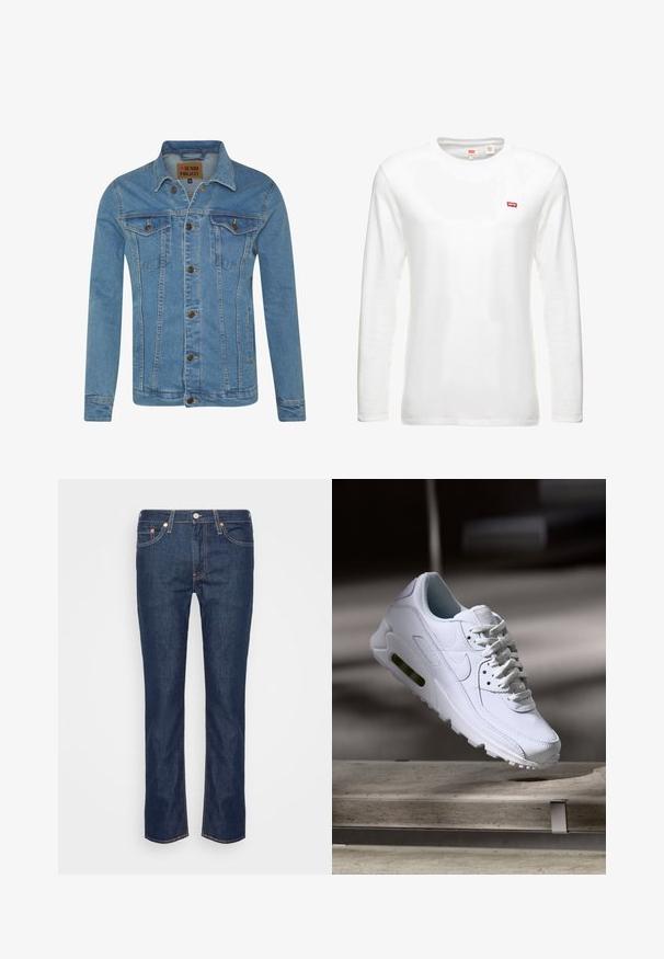 Lyseblå denimjakke med krave, to brystlommer, knaplukninger og kontrastsyninger.; Hvid langærmet t-shirt lavet af bomuld, med en rund halsudskæring og et lille rødt Levi's logo på brystet. Enkel, klassisk design.; Mørkeblå lige ben denim jeans med orange søm, fem lommer og en frontknap samt lynlås.; Hvide lædersneakers med teksturerede overflader, polstret krave og synlig luftpolstring i sålen. Har snørrebånd og et minimalistisk design.