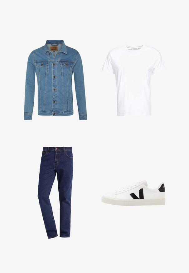 Hellblaue Denimjacke mit Kragen, zwei Brusttaschen, Knopfverschluss und kontrastierenden Nähten.; Weißes Baumwoll-T-Shirt mit rundem Ausschnitt und kurzen Ärmeln, im klassischen Schnitt und mit glatter Textur. Keine sichtbaren Muster oder Hardware.; Dunkelblaue gerade geschnittene Denim-Jeans mit Vordertaschen, Knopfverschluss, Gürtelschlaufen und sichtbaren Nähten.; Weiße Leder-Sneaker mit schwarzen Wildlederelementen; verfügen über eine Gummisohle, eine runde Spitze und ein klassisches Schnürdesign. Seitliches Logo in Schwarz.