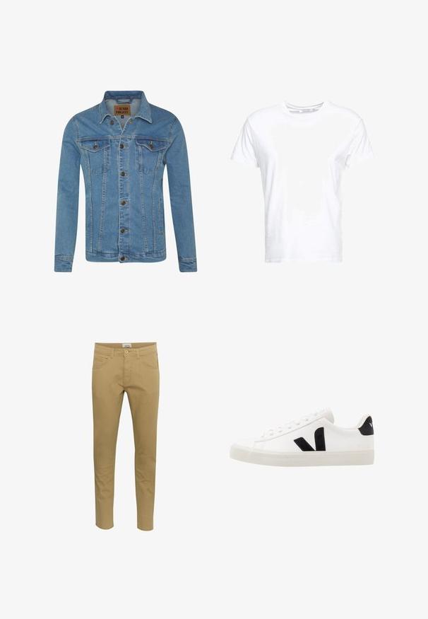 Lyseblå denimjakke med krave, to brystlommer, knaplukninger og kontrastsyninger.; Hvid bomulds t-shirt med rund halsudskæring og korte ærmer, i en klassisk pasform og glat tekstur. Ingen mønstre eller hardware synlige.; Beige chinos med slim fit. Fremstillet af en blanding af bomuldsstof, med to sidelommer og en enkelt baglomme, afsluttet med en knaplukning.; Hvide lædersneakers med sorte ruskindsdetaljer; har en gummisål, rund tå og klassisk snørebåndsdesign. Side logo i sort.