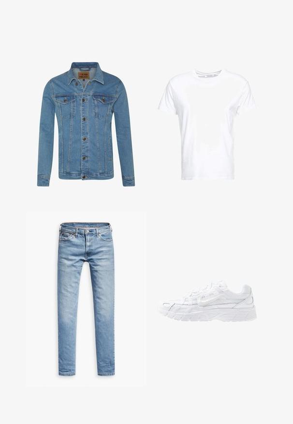 Hellblaue Denimjacke mit Kragen, zwei Brusttaschen, Knopfverschluss und kontrastierenden Nähten.; Weißes Baumwoll-T-Shirt mit rundem Ausschnitt und kurzen Ärmeln, im klassischen Schnitt und mit glatter Textur. Keine sichtbaren Muster oder Hardware.; Helle blaue Jeans, gerade geschnitten, mit fünf Taschen, Reißverschluss und Knopfverschluss. Glatte Textur mit dezenten Ausbleichungen.; Nike Sportswear P 6000 - Sneaker low - white/platinum tint