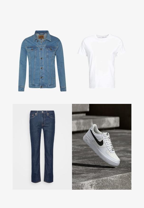 Lyseblå denimjakke med krave, to brystlommer, knaplukninger og kontrastsyninger.; Hvid bomulds t-shirt med rund halsudskæring og korte ærmer, i en klassisk pasform og glat tekstur. Ingen mønstre eller hardware synlige.; Mørkeblå lige ben denim jeans med orange søm, fem lommer og en frontknap samt lynlås.; Hvid Nike Air Force 1-sneaker med sort swoosh, snørebånd bundet, placeret i luften over tekstureret betonoverflade udendørs.