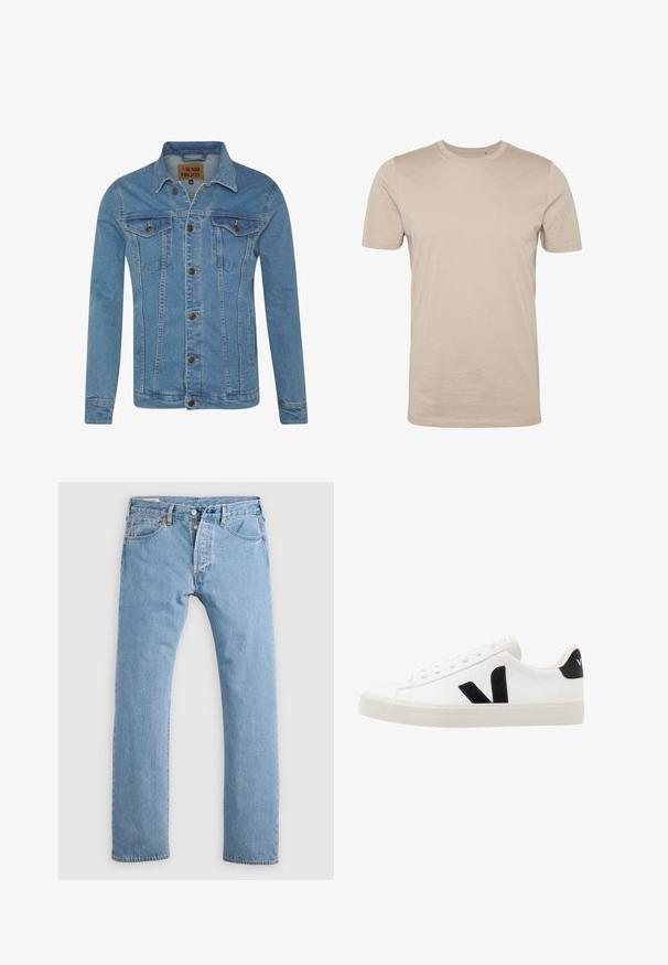 Lichtblauwe denimjas met een kraag, twee borstzakken, knoopsluitingen en contrasterende stikdetails.; Beige katoenen t-shirt, korte mouwen, ronde hals, gladde textuur, naadloos ontwerp, lichtgewicht stof, geen zichtbare logo's of patronen.; Lichtblauwe rechte spijkerbroek met knoopsluiting, riemlussen en voor- en achterzakken, weergegeven op een witte achtergrond.; Witte leren sneaker met zwarte suède accenten; voorzien van een rubberen zool, ronde neus en een klassieke vetersluiting. Zijkant met logo in het zwart.