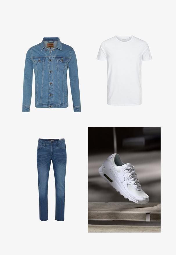 Hellblaue Denimjacke mit Kragen, zwei Brusttaschen, Knopfverschluss und kontrastierenden Nähten.; Rundhals-T-Shirt mit kurzen Ärmeln in reinem Weiß, aus weicher Baumwolle, mit einem schlichten Design ohne sichtbare Muster oder Akzente.; Denim-Jeans in einem mittleren Blauton mit geradem Schnitt. Zu den Merkmalen gehören das klassische Fünf-Taschen-Design und dezente Verblassungsmuster auf dem Stoff.; Weiße Nike Air Max 90 Sneaker mit einem Obermaterial aus Mesh und Leder, durchlässigem Zehenbereich und einer sichtbaren Air-Einheit in der Ferse.