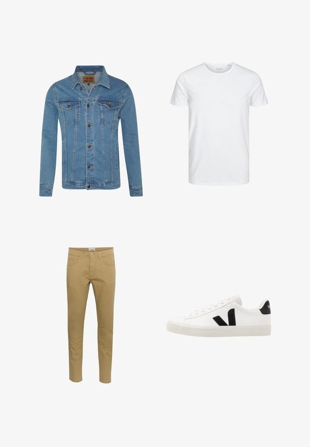 Veste en denim bleu clair avec col, deux poches poitrine, fermetures à bouton et détails de couture contrastants.; T-shirt à col rond à manches courtes de couleur blanche unie, fabriqué en coton doux, avec un design simple sans motifs ni accents visibles.; Chino beige avec une coupe ajustée. Fabriqué en tissu mélangé de coton, comportant deux poches latérales et une poche arrière, fermé par un bouton.; Sneaker blanche en cuir avec des accents en daim noir ; dispose d'une semelle en caoutchouc, d'un bout rond et d'un design classique à lacets. Logo latéral en noir.