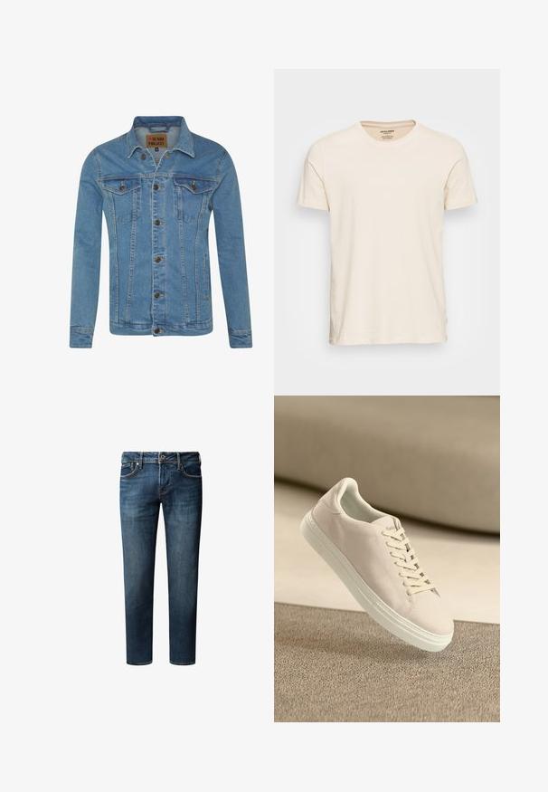 Hellblaue Denimjacke mit Kragen, zwei Brusttaschen, Knopfverschluss und kontrastierenden Nähten.; Hellbeige Baumwoll-T-Shirt mit klassischem Rundhalsausschnitt und kurzen Ärmeln. Hat eine dezente Textur und ein Standard-Fit-Design.; Dunkelblaue Denim-Jeans mit geradem Bein, die über fünf Taschen, einen Knopfverschluss und dezente Verfärbungen im Stoff verfügen.; Beige Wildleder-Sneaker mit weißer Sohle und Schnürsenkeln, die über einem strukturierten beigen Teppich vor einem sanften beigen Hintergrund schwebt.
