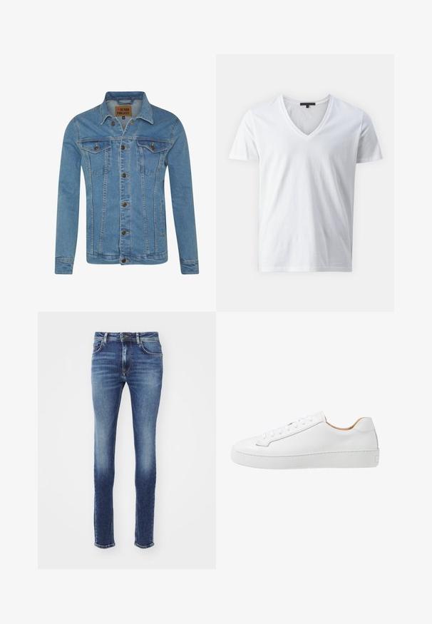 Lichtblauwe denimjas met een kraag, twee borstzakken, knoopsluitingen en contrasterende stikdetails.; Witte katoenen T-shirt met een V-halsontwerp, korte mouwen en een soepele textuur. Eenvoudige, onversierde stijl.; Blauwe denim jeans met een slim fit, voorzien van een middelhoge taille, gestikte zakken en lichte vervaging. De zoom is licht beschadigd.; Witte leren sneaker met een gladde afwerking, ronde neus, platte vetersluiting en een dikke rubberen zool met een gestructureerd grippatroon.