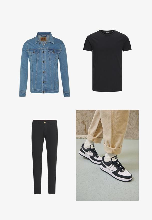 Lyseblå denimjakke med krave, to brystlommer, knaplukninger og kontrastsyninger.; Sort bomulds T-shirt med rund hals, korte ærmer og et enkelt design. Glat tekstur, ingen mønstre eller synligt tilbehør.; Sorte chinos lavet af blanding af bomuld, med et slim fit design, knaplukning, bæltestropper og sidelommer. Glat tekstur hele vejen igennem.; Sorte og hvide Nike Air Force 1 sneakers med læderoverdel, perforeret tå og tekstureret såldetalje, båret med rullede beige bukser og hvide sokker.