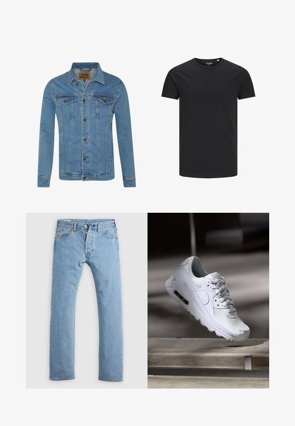 Hellblaue Denimjacke mit Kragen, zwei Brusttaschen, Knopfverschluss und kontrastierenden Nähten.; Schwarzes Baumwoll-T-Shirt mit Rundhalsausschnitt, kurzen Ärmeln und schlichtem Design. Glatte Textur, keine Muster oder sichtbare Beschläge.; Hellblaue gerade geschnittene Jeans aus Denim mit Knopfverschluss, Gürtelschlaufen sowie Vorder- und Hintertaschen, auf einem weißen Hintergrund präsentiert.; Weiße Nike Air Max 90 Sneaker mit einem Obermaterial aus Mesh und Leder, durchlässigem Zehenbereich und einer sichtbaren Air-Einheit in der Ferse.