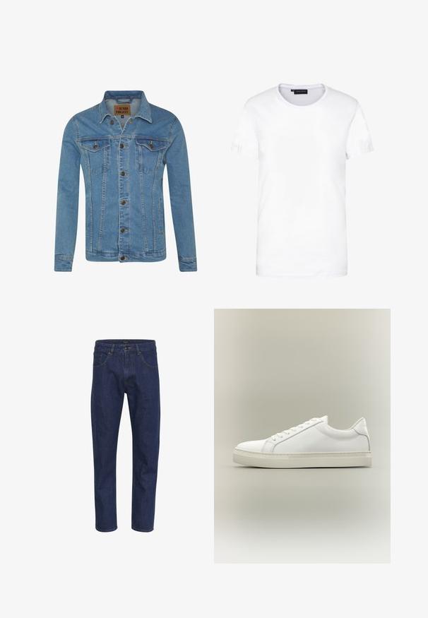 Chaqueta de mezclilla azul claro con cuello, dos bolsillos en el pecho, cierre de botones y detalles de costura en contraste.; Camiseta de algodón blanca, de manga corta, con cuello redondo, diseño liso, textura suave, corte recto, ajuste estándar, sin patrones ni acentos visibles.; Jeans de mezclilla azul oscuro con corte recto, cinco bolsillos y costuras amarillas. La tela tiene una textura suave.; Zapatilla blanca de perfil bajo con cordones en la parte delantera y suela gruesa, mostrada de lado sobre un fondo neutro.