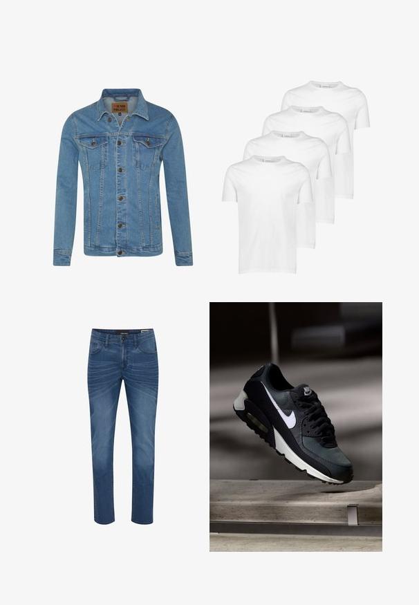 Lyseblå denimjakke med krave, to brystlommer, knaplukninger og kontrastsyninger.; Hvide bomulds T-shirts, kortærmede, rund halsudskæring, glat tekstur, stableret i fire stykker med ensartet design uden mønstre eller accenter.; Denim jeans i en mellemblå nuance med lige pasform. Funktioner inkluderer klassisk fem-lommers design og subtile falmende mønstre på stoffet.; Sort og grå Nike Air Max sneaker med hvid swoosh, ophængt over en betongulv mod en sløret mørk baggrund.