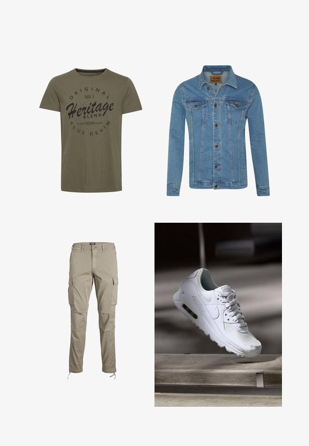 Lichtblauwe denimjas met een kraag, twee borstzakken, knoopsluitingen en contrasterende stikdetails.; Olijfgroen katoenen t-shirt met ronde hals, voorzien van zwarte bedrukte tekst: "Original No. 1 Heritage Blend Claim Your Rights" in een circulair ontwerp.; Khaki cargobroeken gemaakt van lichtgewicht stof, met een ritssluiting, meerdere zijzakken en verstelbare pijpen met trekkoorden.; Witte Nike Air Max 90 sneaker met een bovenwerk van mesh en leer, een geperforeerde teenbox en een zichtbare luchtunit in de hiel.