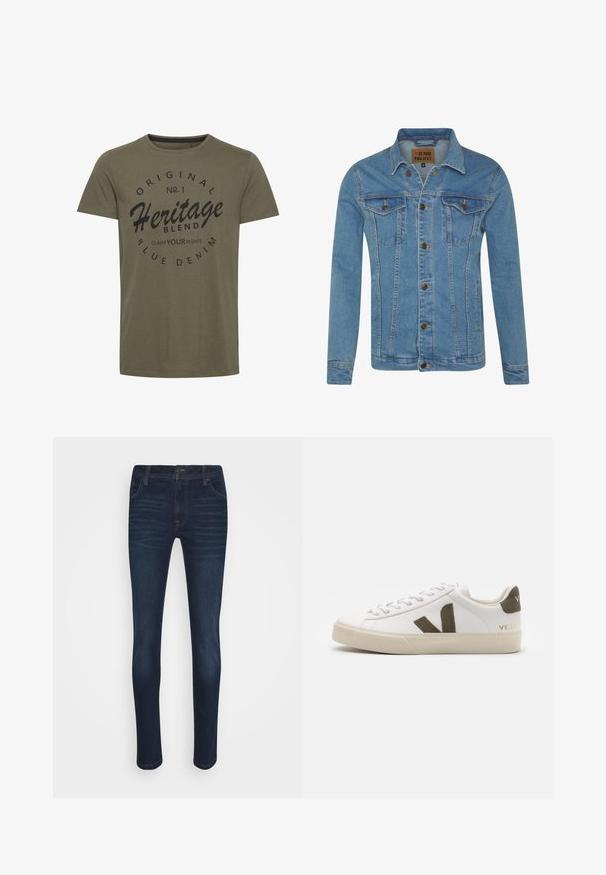 Hellblaue Denimjacke mit Kragen, zwei Brusttaschen, Knopfverschluss und kontrastierenden Nähten.; Olivgrünes Baumwoll-T-Shirt mit rundem Halsausschnitt, mit schwarzem Drucktext: "Original Nr. 1 Heritage Blend Fordere Deine Rechte" in einem kreisförmigen Design.; Denim Project DPMMR. BLACK - Jeans Slim Fit - dark blue; Weiße Leder-Sneaker mit einer hellbeigen Gummisohle. Mit braunem Wildleder-V-Logo und Fersenlasche. Schnürverschluss mit texturierter Oberfläche.