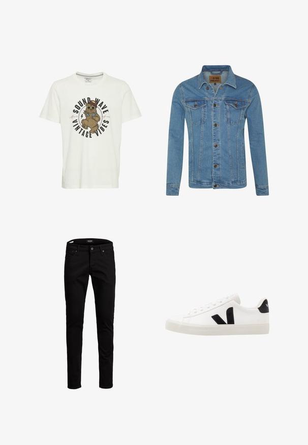 Lyseblå denimjakke med krave, to brystlommer, knaplukninger og kontrastsyninger.; Hvid bomulds T-shirt med et grafisk motiv af en bjørn i solbriller og hat, med teksten "SOUND WAVE VINTAGE VIBES" i fed skrift.; Sorte denimjeans med slim fit, der har et traditionelt design med fem lommer, lukning med metalknap og bælteløkker. Blød tekstur.; Hvide lædersneakers med sorte ruskindsdetaljer; har en gummisål, rund tå og klassisk snørebåndsdesign. Side logo i sort.