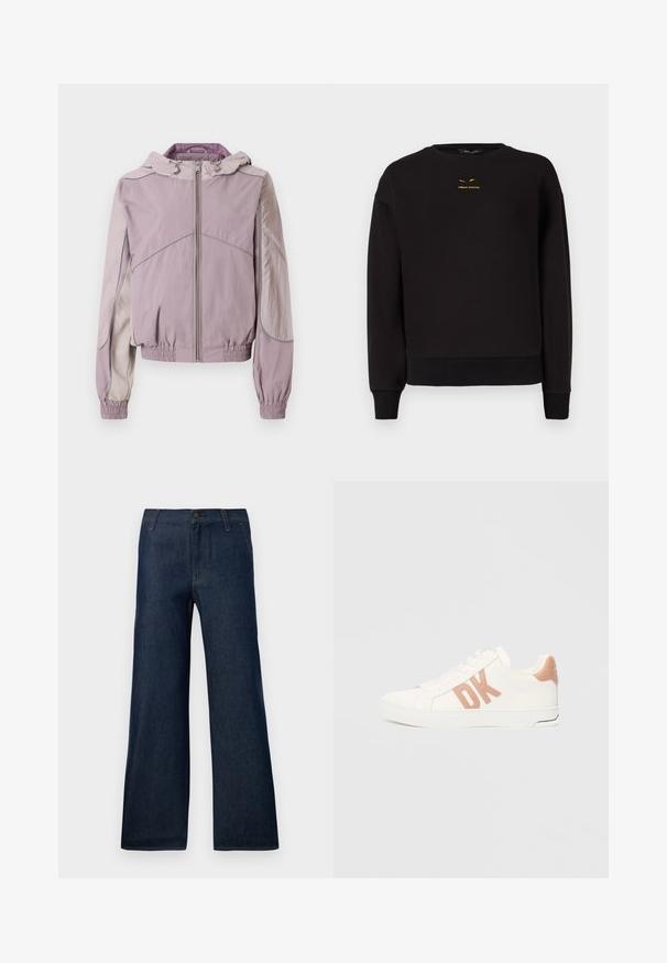 Lichtpaarse zip-up jas met een capuchon, elastische manchetten en onderrand, voorzien van contrasterende lichtgrijze accenten en textuurstofpanelen.; Zwarte sweatshirt gemaakt van zacht materiaal met een ronde hals, geribbelde manchetten en zoom. Opvallende gele borduursel van "A|REMAN EXCHANGE" aan de voorkant.; Donkerblauwe wijdvallende jeans gemaakt van denim, met een klassieke vijf-pocket design, knoopsluiting en subtiele stikdetails.; Witte sneaker met een gladde textuur, voorzien van een opvallend lichtroze "DK"-logo op de zijkant en een gedempte roze accent op de hak.