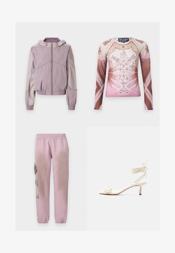 Helles lila Zip-Jacke mit Kapuze, elastischen Bündchen und Saum, mit kontrastierenden hellgrauen Akzenten und strukturierten Stoffpaneelen.; Langärmliges Hemd in einem Farbverlauf von zartem Rosa bis Braun, mit komplexen geometrischen und floralen Grafiken, aus glattem Stoff gefertigt.; Rosa Sweatpants mit elastischem Bund, verziert mit dekorativen Patches in Diamantform auf der linken Seite und elastischen Bündchen an den Knöcheln.; Sandale in Cremefarben mit niedrigem Absatz, Knöchelriemen zum Binden und breitem, verdrehtem Riemen über den Zehen auf weißem Hintergrund.
