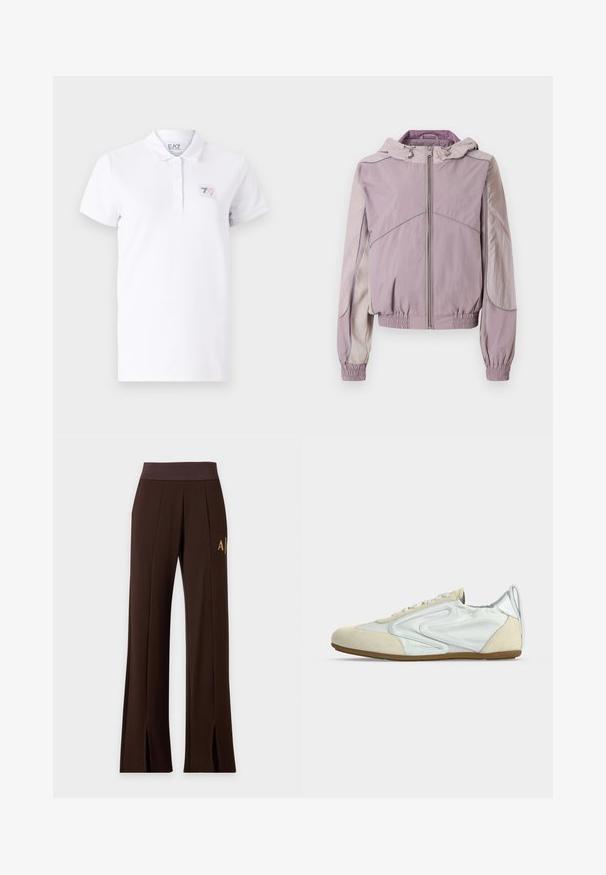 Lyserød zip-up jakke med hætte, elastiske manchetter og kant, med kontrasterende lysegrå detaljer og teksturerede stofpaneler.; Hvid polo t-shirt lavet af bomuld med en to-knaps placket. Har et lille trykt logo patch på venstre bryst og korte ærmer.; Mørkebrune vidde bukser med elastisk talje, forstykker, sidelogo og frontsplits ved kanten.; Lavprofileret hvid og beige sneaker med gummisål, snørelukning foran og abstrakt siddekor, vist i profil på ensfarvet baggrund.