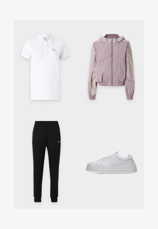 Lyserød zip-up jakke med hætte, elastiske manchetter og kant, med kontrasterende lysegrå detaljer og teksturerede stofpaneler.; Hvid polo t-shirt lavet af bomuld med en to-knaps placket. Har et lille trykt logo patch på venstre bryst og korte ærmer.; Sorte, tilspidsede sweatpants med elastisk talje og manchetter, med lille gyldent "Armani Exchange"-logo på højre lår.; Hvid sneaker med lavt skaft, tyk platformssål, snørelukning og glat læderfinish vist mod en ensfarvet lys baggrund.