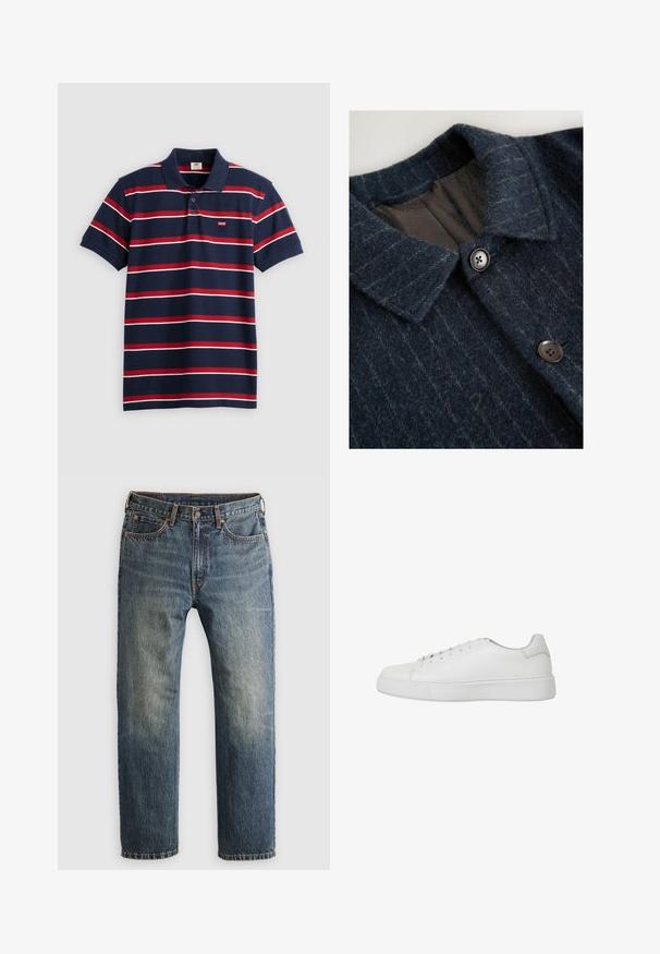 Dunkelblauer Wollmantel mit strukturiertem Äußeren, ausgestattet mit einem Reverskragen und zwei schwarzen Knöpfen vorne. Das Innenfutter hat ein geometrisches Muster.; Navyblaues Poloshirt mit rot-weißen horizontalen Streifen, drei Knöpfen am Kragen und kleinem Levi's-Logo auf der Brust. Aus weichem Baumwollmaterial.; Blaue, ausgebleichte gerade geschnittene Jeans aus Denim mit Fronttaschen, Gürtelschlaufen, Knopf und Reißverschluss auf einem hellen Hintergrund.; Weiße Sneaker aus glattem Leder mit runder Zehenpartie, gesteppten Details und einer flachen Gummisohle. Minimalistisches Design mit Schnürung.