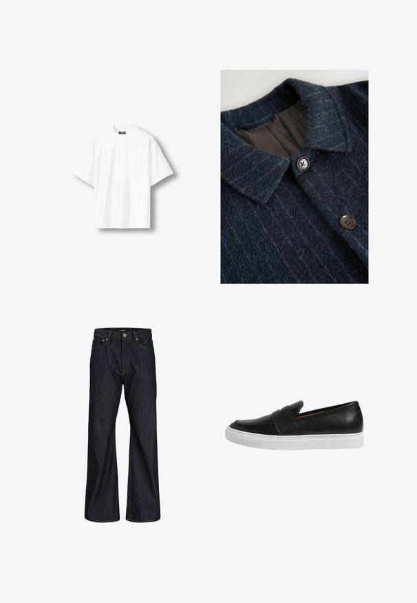 Donkerblauwe wollen jas met een gestructureerde buitenkant, voorzien van een opstaande kraag en twee zwarte knopen aan de voorkant. De binnenkant heeft een geometrisch patroon.; Effen wit oversized T-shirt met korte mouwen en een ronde hals, met een zwart label aan de binnenkant van de achterkant van de kraag, getoond op een lichte achtergrond.; Donkerblauwe jeans met rechte pijpen, vijf zakken, knoopsluiting en zichtbare oranje stiksels op de tailleband en naden.; Zwarte leren instapschoenen met een gladde afwerking, witte rubberen zool en een gestikt ontwerp over de bovenkant.