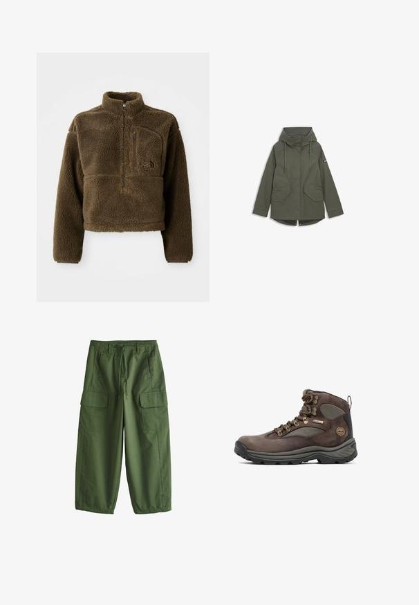 Parka olive verte, dotée d'une capuche, d'une fermeture à pression sur le devant, de deux grandes poches latérales et de cordons de serrage réglables. Texture de tissu lisse.; Veste en polaire marron avec un col haut, fermeture éclair à moitié sur le devant et une poche sur la poitrine ; elle présente un tissu texturé et un logo sur le devant.; Pantalon cargo vert olive avec taille à cordon, passants de ceinture, poches latérales à rabat et jambes larges.; Botte de randonnée marron avec tige en cuir et en mesh, semelle en caoutchouc, œillets en métal et patch de marque. Conçue pour la durabilité et le soutien.