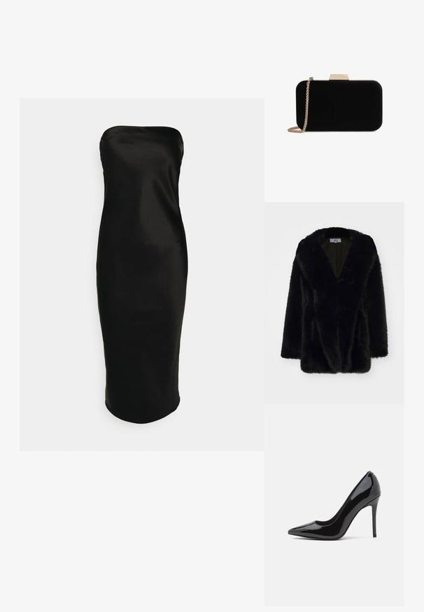 Sort kunstpels frakke med en dyb V-hals, blød tekstur, løs pasform og brede ærmer. Indvendigt er den foret med en ensfarvet mørk farve.; Gina Tricot TUBE MIDI DRESS - Cocktailkjole / festkjole - black; Sorte patentlærred højhælede pumps med spids tå og glat tekstur, der har en slank stilethæl. Ingen synlige udsmykninger.; Sort velour clutch med guldfarvede detaljer, rektangulær form og kædestrop, der har en glat tekstur og ingen synlige mønstre.