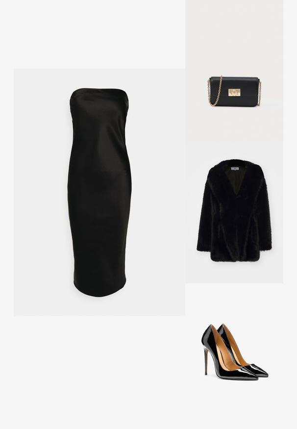 Abrigo de peluche negro con escote profundo en V, textura suave, corte holgado y mangas anchas. El interior está forrado con un color oscuro sólido.; Gina Tricot TUBE MIDI DRESS - Vestido de cóctel - black; Par de tacones altos de charol negro brillante con punta afilada, tacones de aguja y forro interior color beige sobre fondo blanco.; Bolso de piel negra tipo bandolera con correa de cadena dorada y cierre rectangular dorado en la parte delantera, sobre un fondo claro y liso.