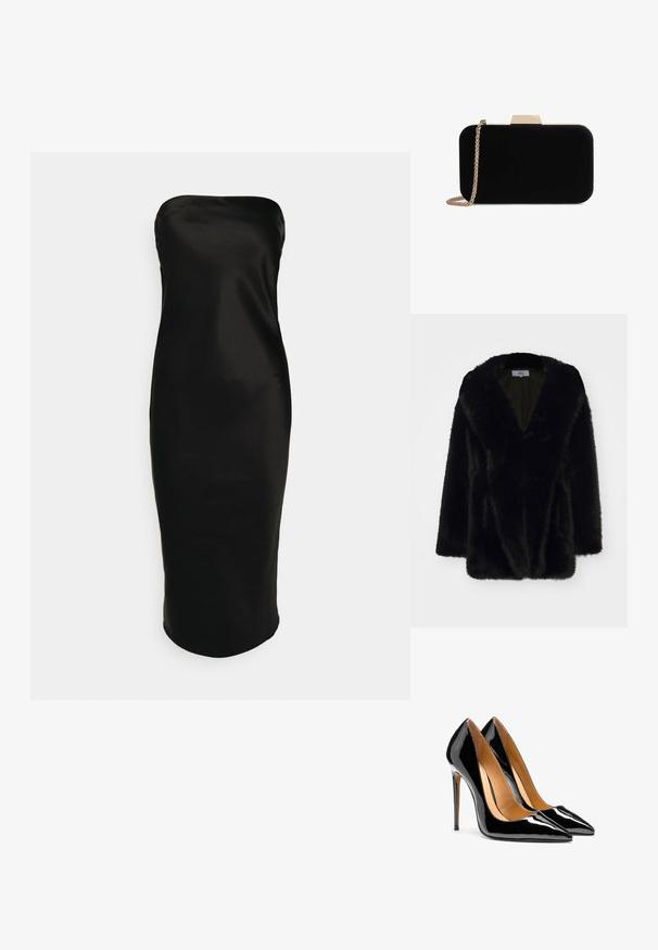 Abrigo de peluche negro con escote profundo en V, textura suave, corte holgado y mangas anchas. El interior está forrado con un color oscuro sólido.; Gina Tricot TUBE MIDI DRESS - Vestido de cóctel - black; Par de tacones altos de charol negro brillante con punta afilada, tacones de aguja y forro interior color beige sobre fondo blanco.; Clutch de terciopelo negro con herrajes en tono dorado, de forma rectangular y con correa de cadena, que presenta una textura suave y sin patrones visibles.