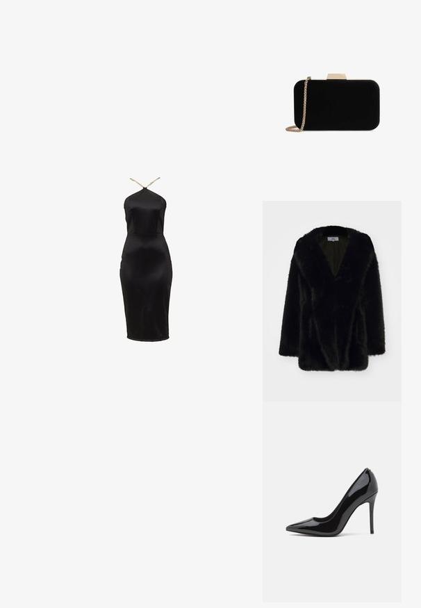 Sort kunstpels frakke med en dyb V-hals, blød tekstur, løs pasform og brede ærmer. Indvendigt er den foret med en ensfarvet mørk farve.; Sort satin bodycon-kjole med halterneck-design. Har en figursyet silhuet og en diskret glans. Tynde gyldne stropper fremhæver udskæringen.; Sorte patentlærred højhælede pumps med spids tå og glat tekstur, der har en slank stilethæl. Ingen synlige udsmykninger.; Sort velour clutch med guldfarvede detaljer, rektangulær form og kædestrop, der har en glat tekstur og ingen synlige mønstre.