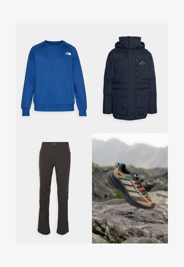 Marineblauwe gewatteerde jas met een ritszak op de linkerkant van de borst, twee voorzakken met klep en een capuchon. Voorzien van zwarte hardware en logo-accenten.; Blauwe crewneck sweatshirt van een katoenmix. Voorzien van ribbels aan de mouwen en onderrand, en een klein wit logo op de borst.; Zwarte, rechte broek met een gladde stofstructuur, voorzakken en een zilveren knoopsluiting. Eenvoudig ontwerp en strakke lijnen.; Bruine en grijze sportschoen met witte strepen, een oranje en turquoise accent, gestructureerd mesh-materiaal en een robuust zool voor grip.