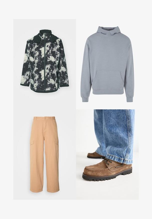 Veste en polaire noire et crème avec un motif tie-dye, dotée d'un col montant, d'une fermeture éclair à l'avant et de poignets élastiques pour un ajustement sûr.; Hoodie gris clair en mélange de coton doux, avec une grande poche avant, des poignets côtelés et un col haut, au design décontracté.; Pantalon cargo beige à jambes larges en tissu léger, doté de deux poches latérales et d'une fermeture à bouton à la taille. Texture douce.; Pompeii BRISTOL BOOT - Bottines à lacets - taupe