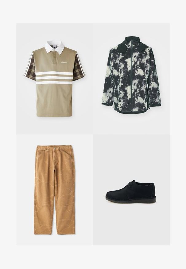 Fleecejakke i sort og cremefarvet tie-dye mønster, med høj krave, frontlynlås og elastiske manchetter for en sikker pasform.; Polo skjorte i olivengrøn med hvide striber og et ternet mønster på de korte ærmer. Har en hvid krave og logo på brystet.; Beige bomuldsbukser med løs pasform, der har synlige sømkanter, lap-detaljer og en let krøllet tekstur.; Sort ruskind lavt snørebåndssko med crepesål, set fra siden på en lysegrå baggrund.