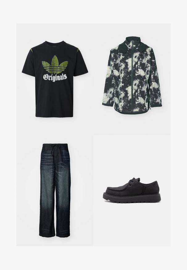 Fleecejack met een zwart en crèmekleurig tie-dye patroon, met een hoge kraag, rits aan de voorkant en elastische manchetten voor een stevige pasvorm.; Zwarte katoenen t-shirt met een versleten groene grafiek met drie strepen en het woord "Originals" hieronder in het wit, ronde halslijn, korte mouwen.; Wijdvallende broek van donker denim met een geleidelijke vervaging. Heeft een elastische tailleband met een trekkoord. Gladde textuur met subtiele slijtagepatronen.; Zwarte leren veterschoen met dikke rubberen zool en gestikte teenafwerking, zij-aanzicht op een witte achtergrond.