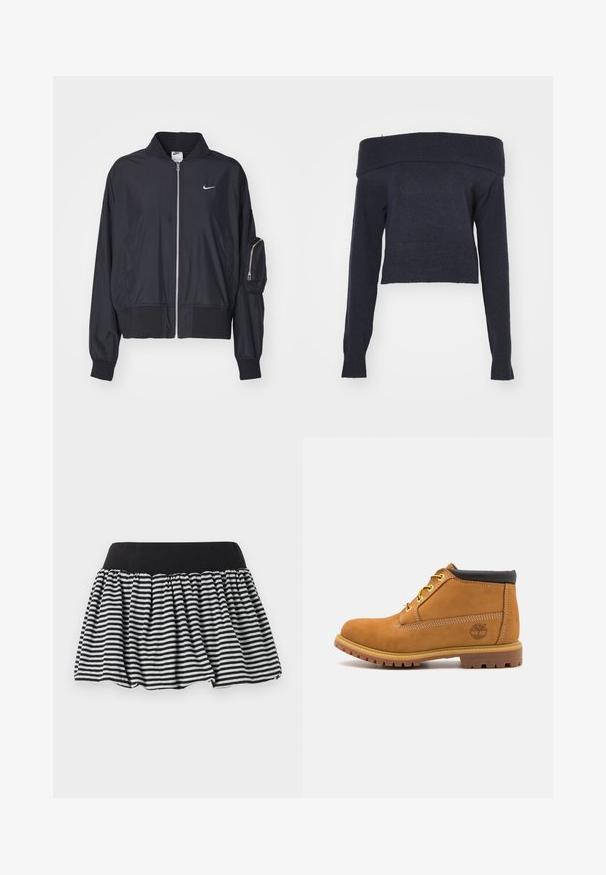 Sort bomberjakke lavet af letvægtsstof, med lynlås fortil, ribbede manchetter og en lynlåslomme på armen. Nike-logo på brystet.; Weekday LOLO OFF SHOULDER - Striktrøje - navy; Stribet sort og hvid nederdel med et samlet design og elastisk talje, lavet af blødt materiale. Har en udvidet form for fylde.; Brune ruskinds ankelstøvle med sort polstret krave, gule snørehuller og struktureret gummisål. Har et printet logo på siden.