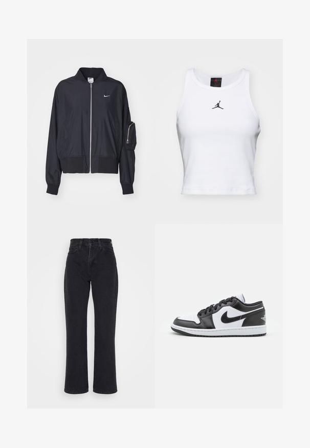 Sort bomberjakke lavet af letvægtsstof, med lynlås fortil, ribbede manchetter og en lynlåslomme på armen. Nike-logo på brystet.; Hvid cropped tanktop lavet af bomuld med ribbet tekstur. Har et sort Jordan-logo i midten og en klassisk rund halsudskæring.; Sorte jeans med høj talje og lige ben, med forlommer og bæltestropper på en hvid baggrund.; Sorte og hvide Nike lavtoppede sneakers har en glat læderoverdel, rund tå, snørelukning og en mønstret gummisål.