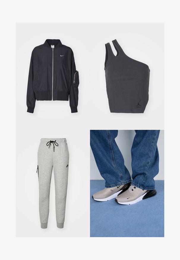 Sort bomberjakke lavet af letvægtsstof, med lynlås fortil, ribbede manchetter og en lynlåslomme på armen. Nike-logo på brystet.; Sort ribbet tanktop med et unikt asymmetrisk design, der har en bred strop og en smal strop, inklusive et lille logo ved kanten.; Grå træningsbukser lavet af blødt stof med en snoretræk i taljen, tapered ben og en lynlåslomme på venstre side. Har sort logo.; Grå sneakers med mesh-overdel, sorte accenter og hvid sål. Båret med løse blå denim jeans, der delvist dækker kanten af skoene.