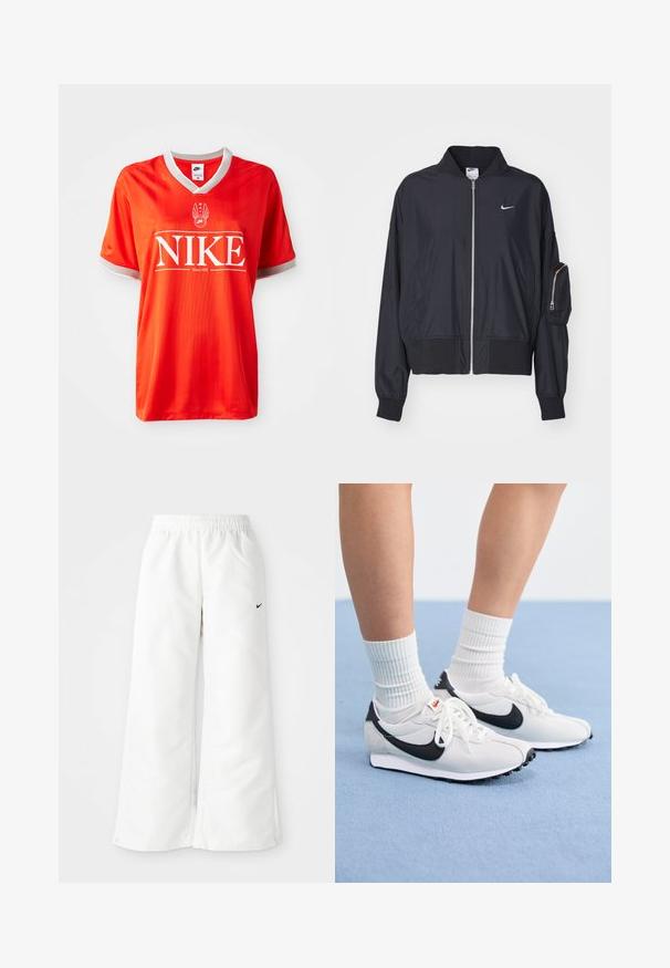 Sort bomberjakke lavet af letvægtsstof, med lynlås fortil, ribbede manchetter og en lynlåslomme på armen. Nike-logo på brystet.; Rød Nike trøje med V-hals, grå pynt på ærmerne og stort hvidt "NIKE" logo. Glat, letvægtsstof med subtilt stribet mønster.; Hvide atletiske bukser med et bredbenet design, elastisk talje og et lille sort Nike-logo på venstre side. Glat, let materiale.; Hvide mesh sneakers med sorte accenter, rund tå og flad gummisål. Sæt sammen med ribbed hvide sokker.