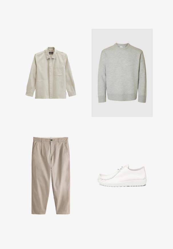 Beige casual jas met lange mouwen, voorvak op de borst, kraag en verborgen knopenlijst, plat gelegd op een witte achtergrond.; Lichtgrijs gebreid sweatshirt met lange mouwen, geribde manchetten, zoom en ronde halslijn.; Beige rechte broek met riemlussen, knoop- en ritssluiting aan de voorkant, zijzakken en zichtbare stikseldetails op een witte achtergrond.; Witte leren schoenen met een ronde neus, gestikte details en een lichte witte zool. Voorzien van twee oogjes voor veters.