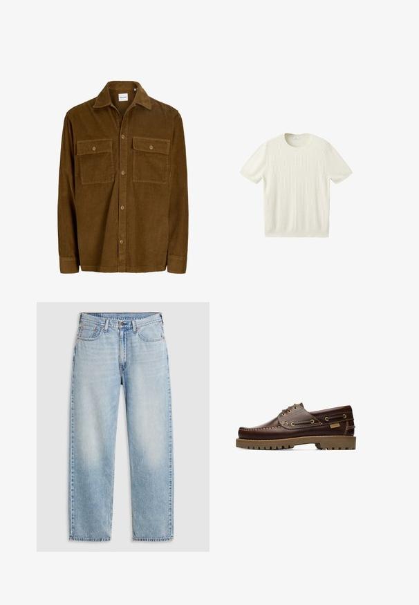 Bruin corduroy overhemd met lange mouwen, knoopsluiting, puntige kraag en twee borstzakken met knoopsluiting.; Crèmekleurige geribbelde korte mouw trui met een ronde hals en een rechte zoom, getoond tegen een witte achtergrond.; Lichtblauwe rechte jeans met vijf zakken, metalen knoopsluiting en vervaagde details op de dijen en knieën, plat gelegd op een witte achtergrond.; Bruine leren veterschoen voor op een boot met gestikte details en een dikke rubberen zool, gezien vanaf de zijkant.